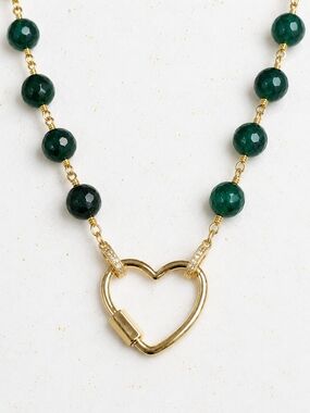 Emerald Green Jade Heart Carabiner Necklace 24K Gold Plated 17"+2" Charm Ready